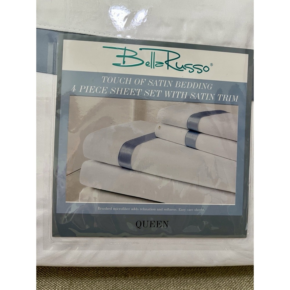 Queen Bed Set White Blue Satin Trim Bella Russo NEW Easy Care Brushed Microfiber
